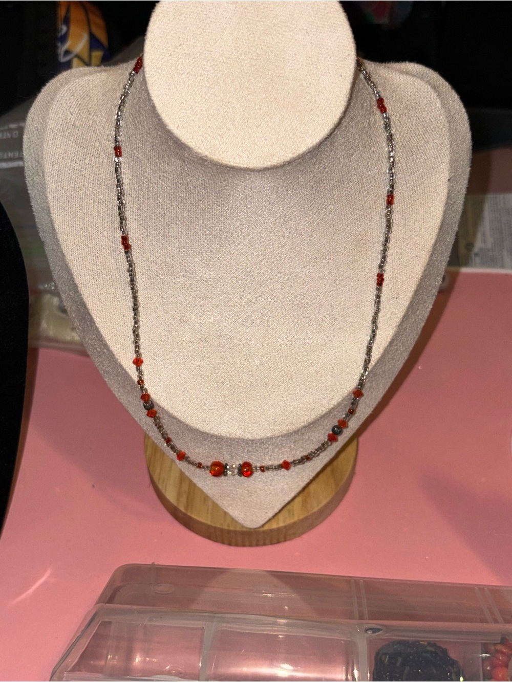 Orange Red & Smoky Gray Crystal Beaded Long Necklace Delicate Boho